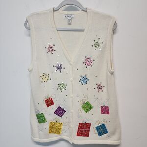 Vintage Kim Rogers Christmas Sweater Vest Size L Ivory Snowflake Gifts Sequin